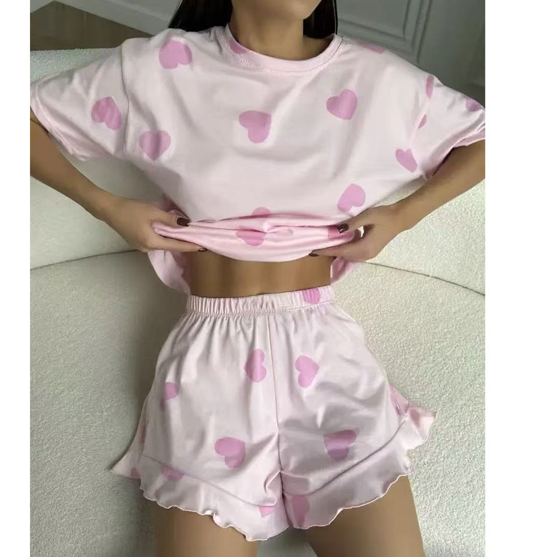 外贸休闲女装跨境家居服爱心印花短袖睡衣短裤两件套宽松舒适套装|undefined