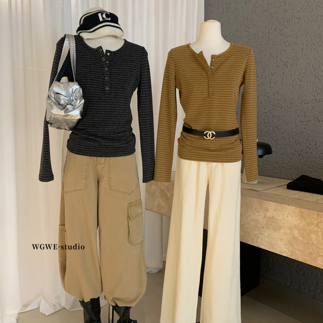 Wgwe8126 Guangzhou Thirteen Lines Women's Early Autumn New Style Small Half Open Collar Long Sleeve T-Shirt Bottoming Top