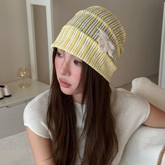 日系简约竖条纹堆堆帽子女生春夏季大头围包头帽显脸小百搭套头帽