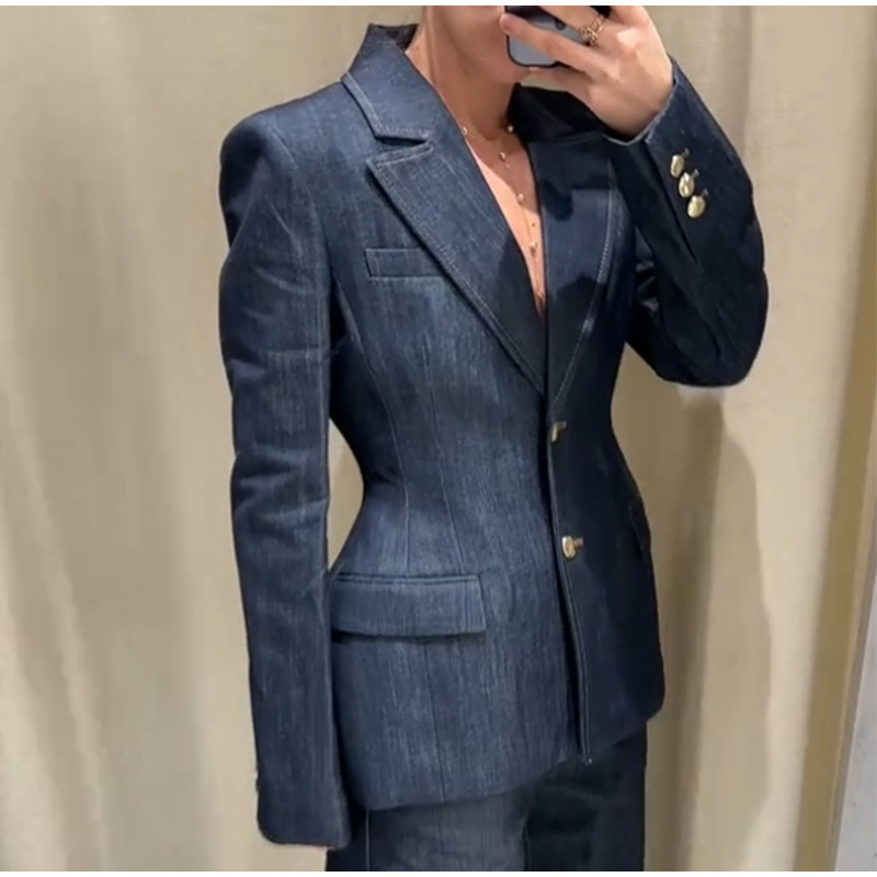 In-Stock Real Photos of Spring European and American Style Cross-Border Amazon Denim Suit Jacket, Denim Vest, and Long Pants Three-Piece Set