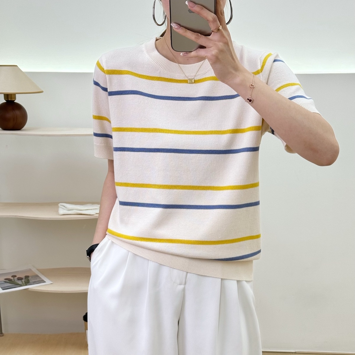 yms020 Summer Loose Pullover Short-sleeved Knit Sweater Women 2024 Round Neck Striped Thin Base Shirt Top
