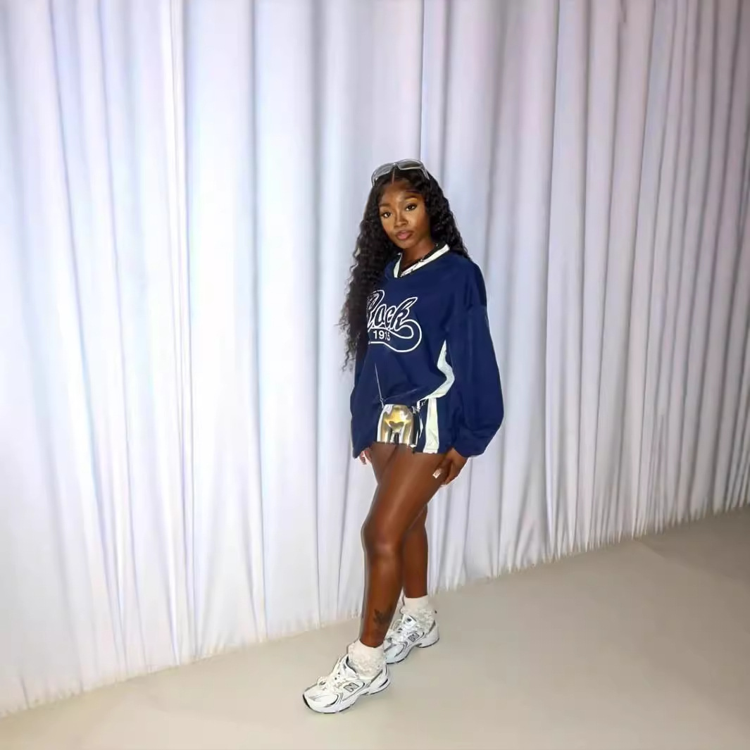 Felpa con scollo a V, stile americano, moda casual da strada, da donna, con stampa a lettere e blocchi di colore, ampia e larga_voghion.com