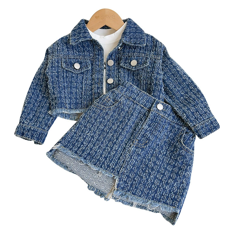 Осень с длинными рукавами, джинсовая куртка, мини-юбка, набор, стиль Chanel