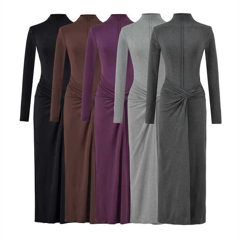 Gentle and Flowy High-Neck Long-Sleeve Dress for Women, Autumn and Winter Season, with a Stylish Twist Design, Waist-Cinching, and Hip-Hugging Long Skirt