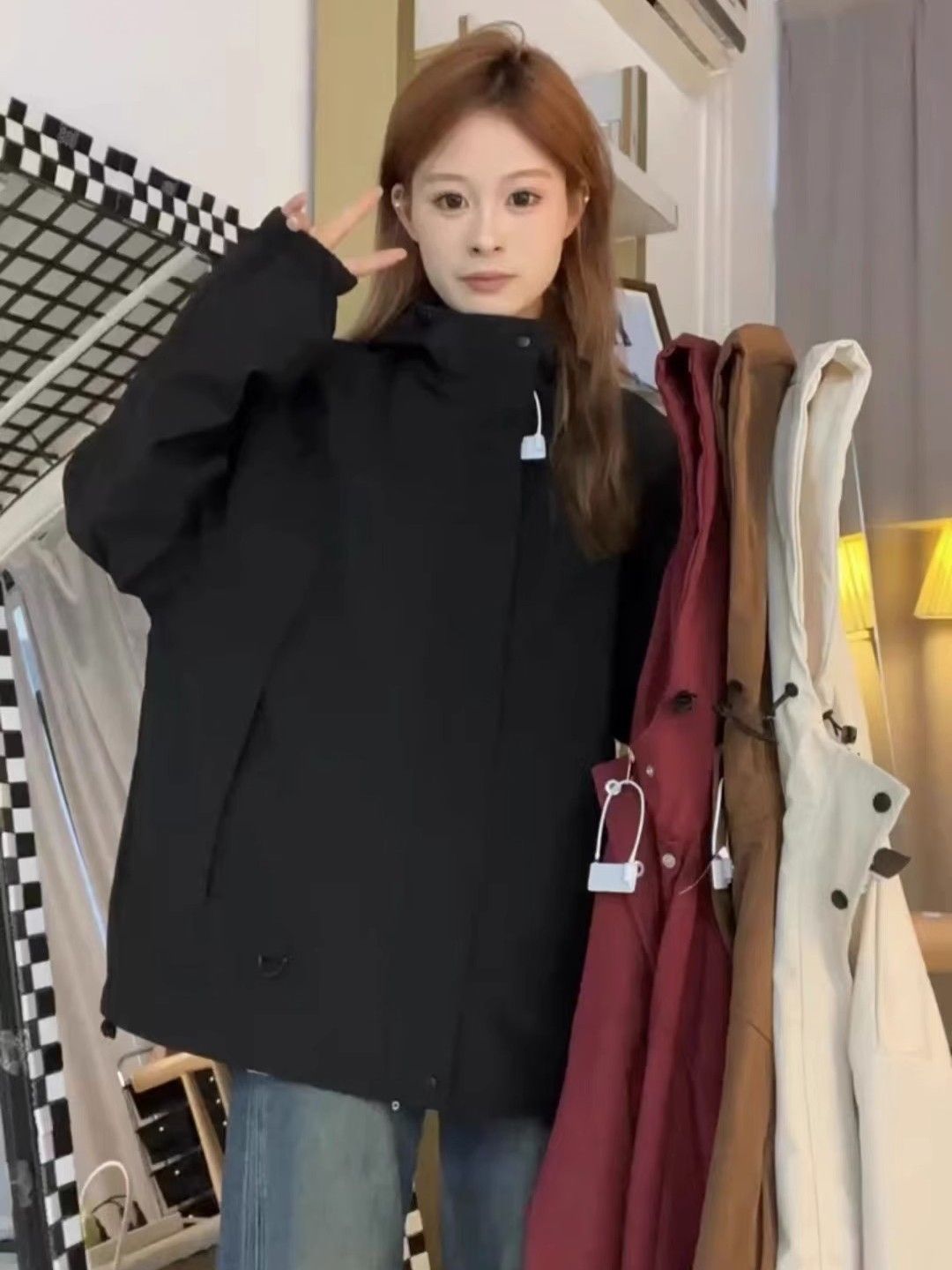 春秋款美式宽松情侣户外冲锋衣男女oversize复古ins连帽风衣外套