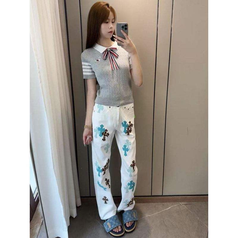 美式克罗CH高街轻奢牛仔裤白色潮牌十字架宽松男女同款直筒长裤|undefined