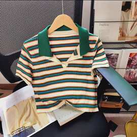 复古条纹针织衫薄款夏季小众设计感短款polo领T恤女别致短袖上衣
