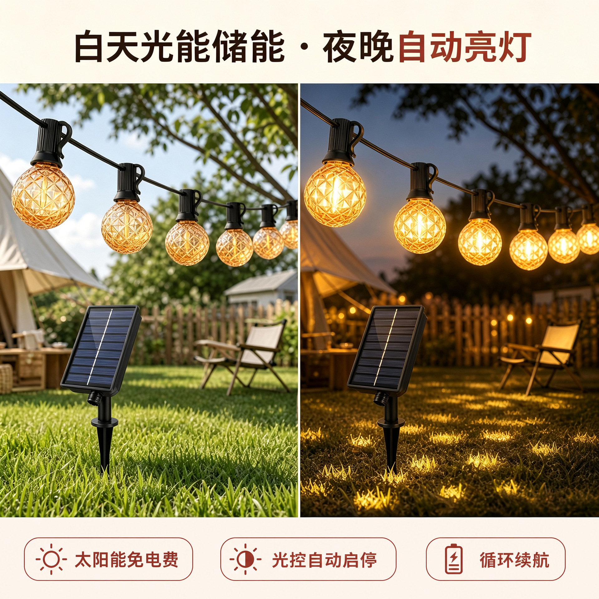 Nueva serie de lámparas solares g40 transfronterizas al aire libre impermeable patio LED campamento ambiente navideño decoración de color marrón serie de lámparas