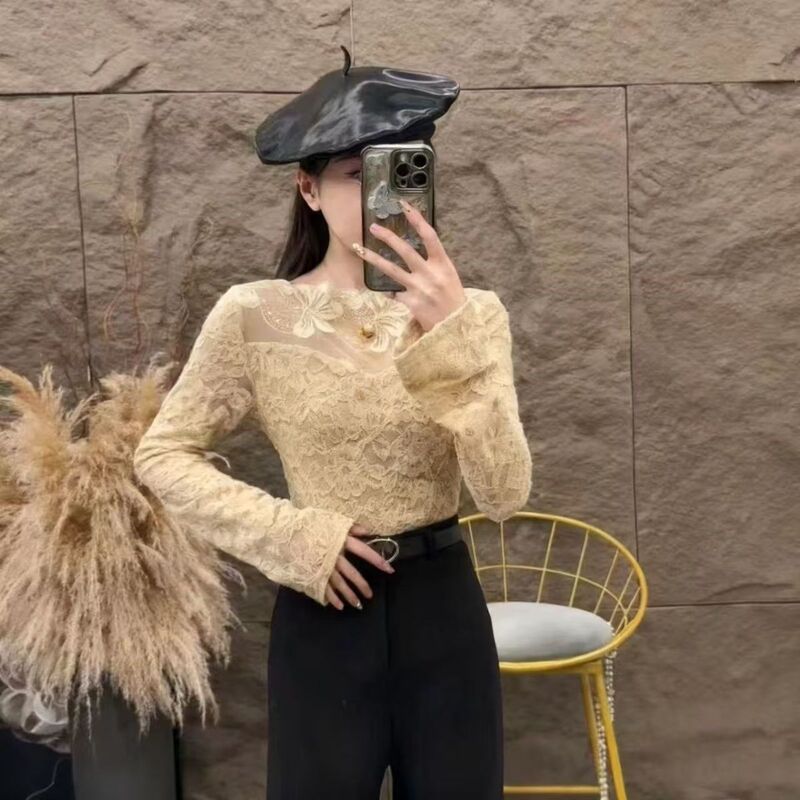 Long-Sleeved Slim-Fit Base Shirt with Fleece Lining, High-Neck Lace, Slimming Stand-Up Collar, Hollow-Out Design, Sexy Winter Top