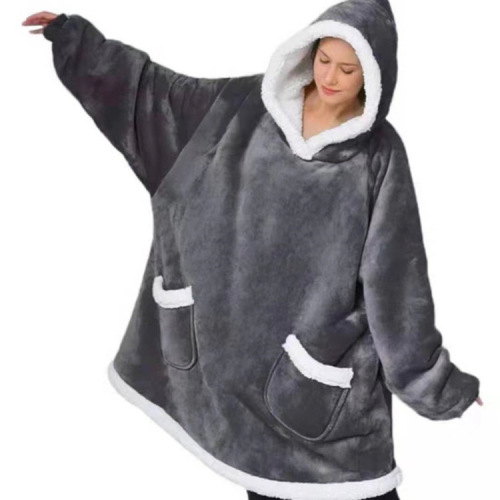 Women's Double Pockets Lazy Sleepwear Warm Coat with Lamb Wool TV Blanket Hugging Hooded Sweatshirt TV Manufacturer's Cold-Proof Clothing