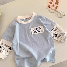 日系童装 秋季新款男童假两件上衣儿童宝宝全棉洋气打底衫可爱潮