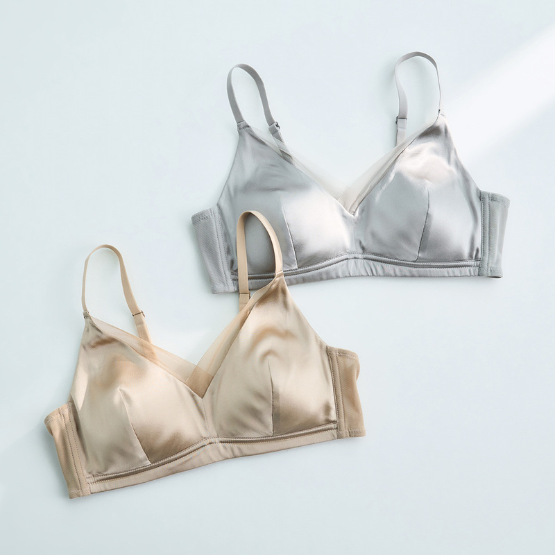 Silk from the Inside Out, Exquisite Mesh Fabric! Skin-Friendly Thin Style, Wireless Silk Satin Triangle Cup Bra for Women
