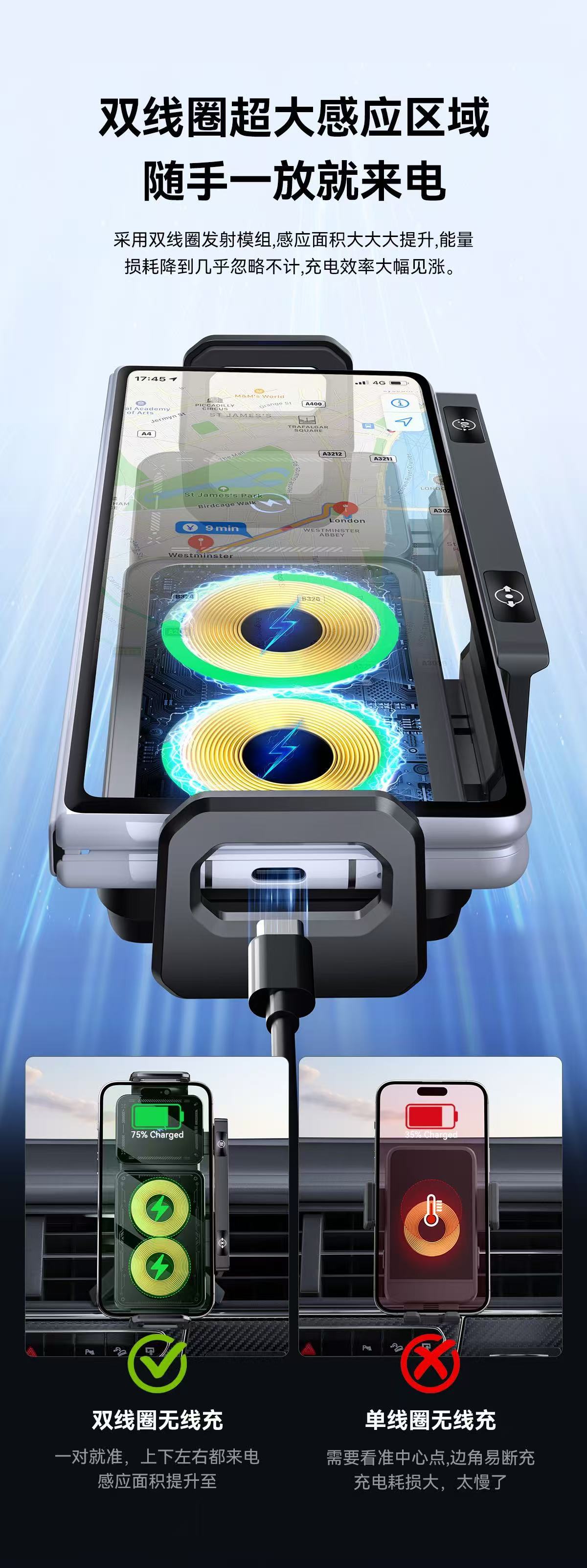 Car-Mounted Dual-Motor Electric Rotating Phone Holder for Foldable Screens, 360-Degree Air Vent Car Wireless Charger