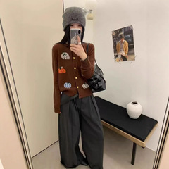 HR2025秋季新款韩版时尚宽松圆领长袖南瓜提花针织开衫女百搭上衣