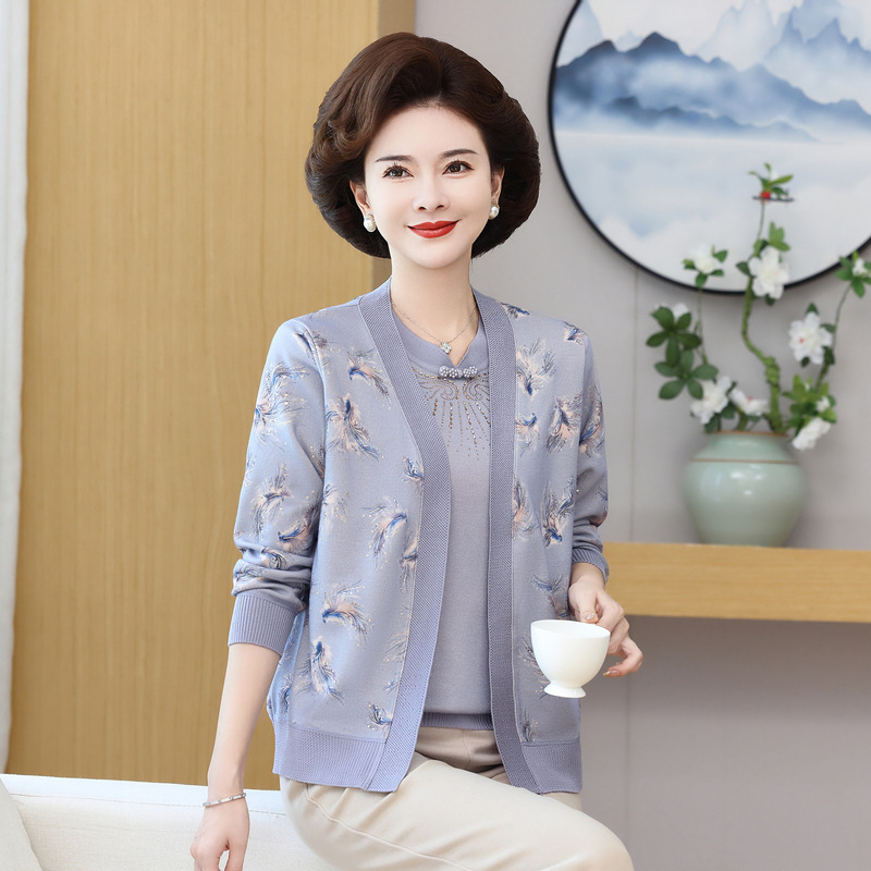 Mom's Spring Style Two-Piece Suit, Wide Lady's Knitted Cardigan Top, Middle-Aged and Elderly Women's Spring & Fall Jacket, Thin Women's