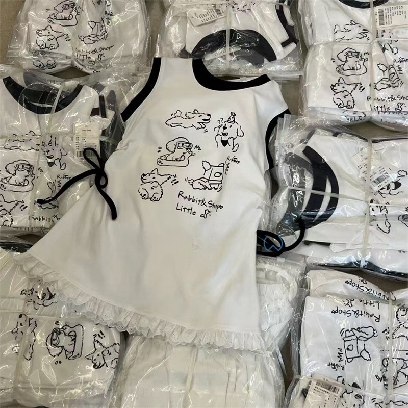 Falda de chaleco de bebé para niños coreanos, falda de chaleco con estampado de cachorro lindo para niños, vestido de niña con borde de encaje dulce