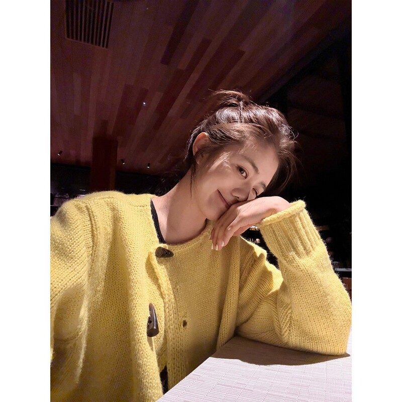 Peach-colored wool blend light mustard yellow knitted cardigan with rolled edges and horn buttons # 5688D Peach-colored wool blend light mustard yellow knitted cardigan with rolled edges and horn buttons # 5688D