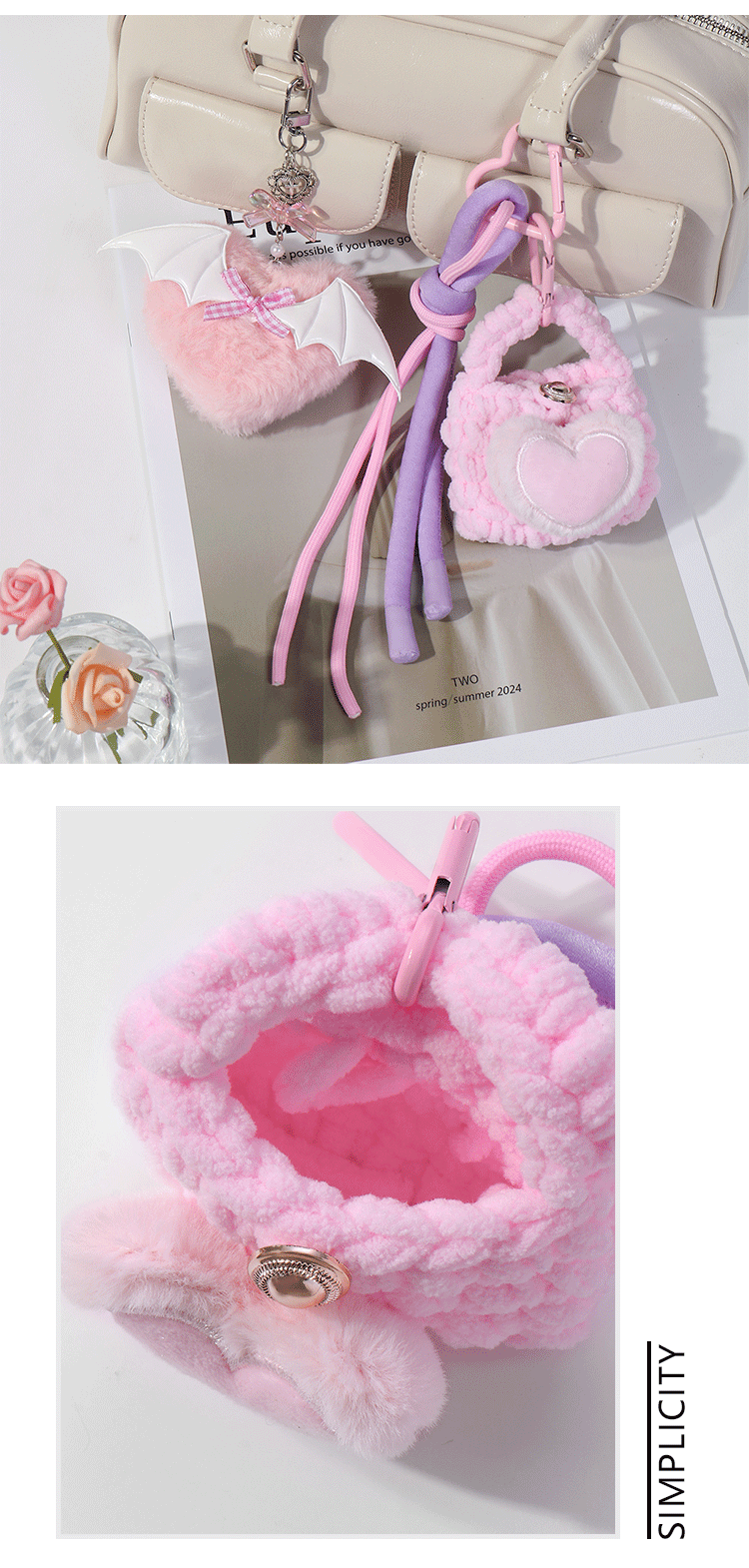 Cute Sweet Bag Heart Shape Wings Resin Plush Knitting Women's Keychain display picture 1