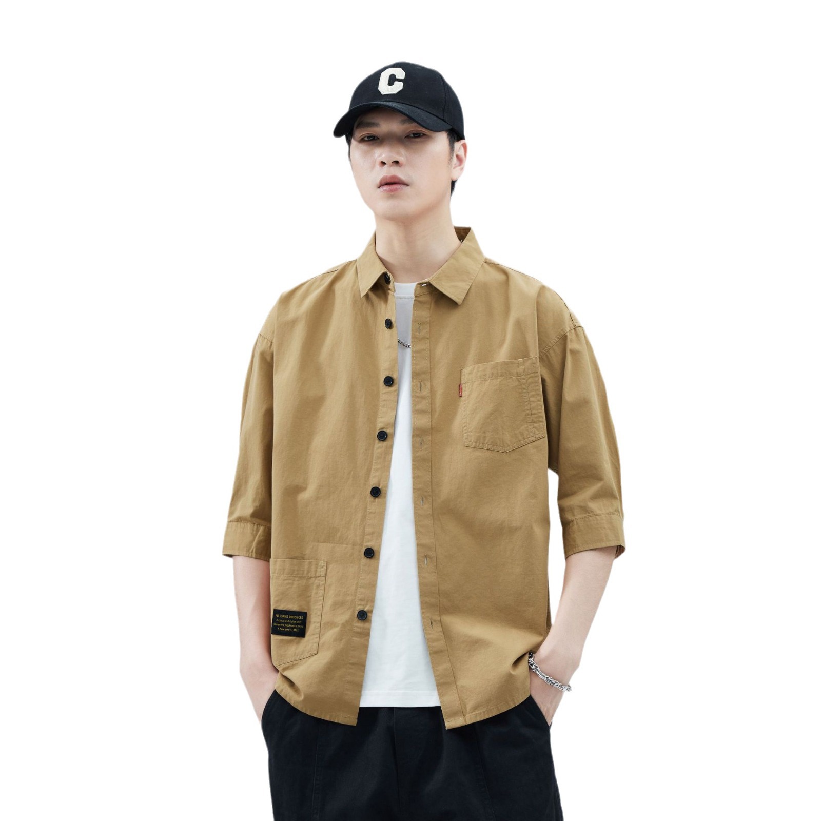 Camisas de primavera y verano para hombres, estilo americano de alta gama, estilo de moda de Hong Kong, estilo de varios bolsillos, camisa casual suelta