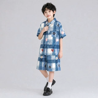 男童夏装套装2026新款格子短袖短裤两件套韩版潮酷儿童洋气家居服