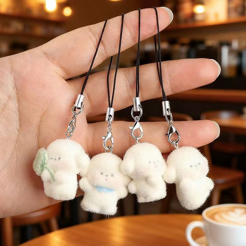 Cute 3D Flocked Resin Dog Pendant Mini Doll Phone Charm DIY Keychain Accessories