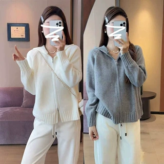 洋气宽松毛衣开衫秋冬季新款高级感双拉链连帽针织衫上衣女外套