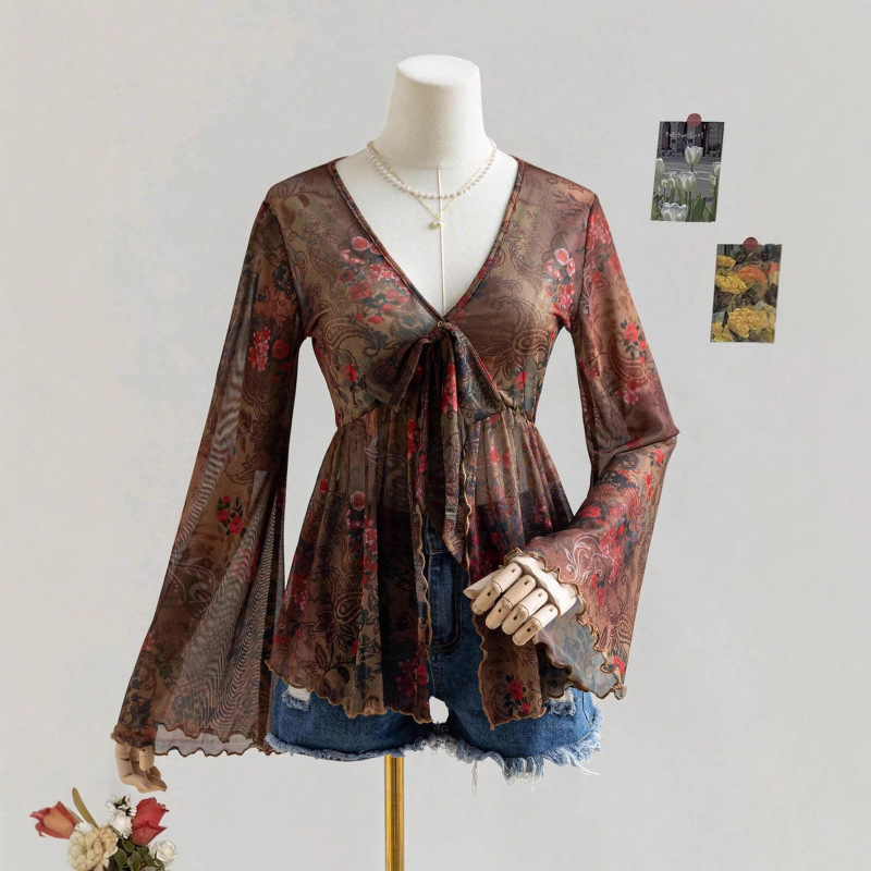 Cross-Border Amazon Retro Floral V-Neck Lace-Up Waist Bell-Sleeve Ruffled Retro Printed Long-Sleeved Top