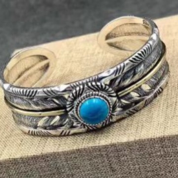 Padus Owl Feather Turquoise Open Bracelet Yanyu Personalized Retro Distressed Line Bracelet for Men and Women