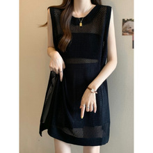 圆领中长款镂空针织马甲罩衫女夏季大码宽松韩系温柔百搭显上衣