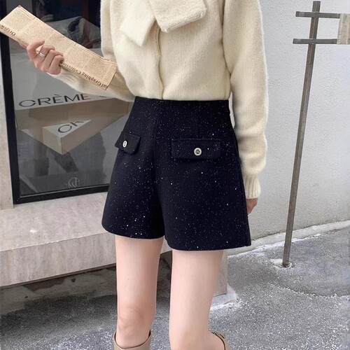 Women's Winter New Glitter A-line Wide Leg Boot Pants High-Waisted Pocket Design Casual Stylish Shorts