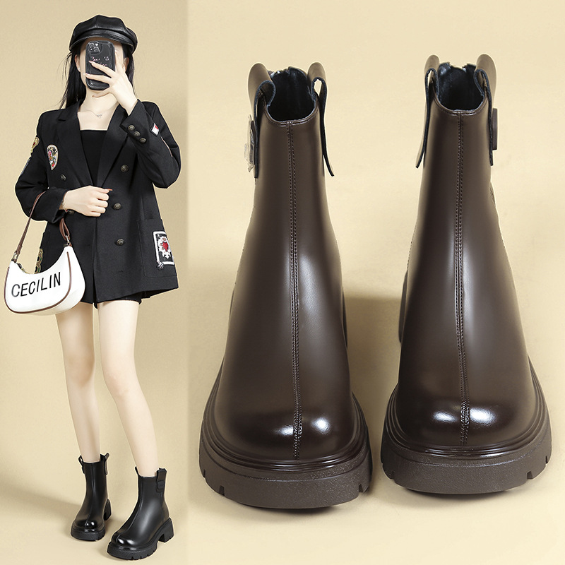 Genuine Leather Boots Chelsea Boots Women's Boots Slim Boots New Super Soft British Style Pipe Thick Sole Short Boots for Women