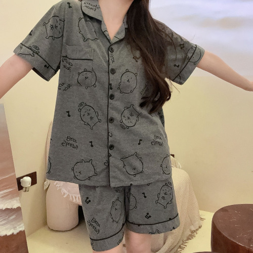 Grey Self-deprecating Bear Pajama Set for Women - Summer Pure Cotton Short Sleeve Top and Shorts - Collar Style - Japanese Cute Cartoon Homecoming Suit