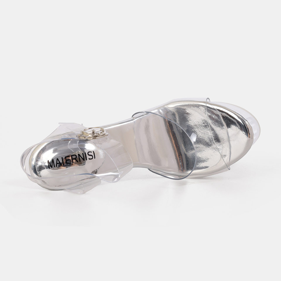 Sandal cao gót siêu cao 19 cm trong suốt, đế đúp chống thấm, mũi hở, quai khóa cài — Màu bạc, Màu hồng, Màu trắng, Màu tím chi tiết 3