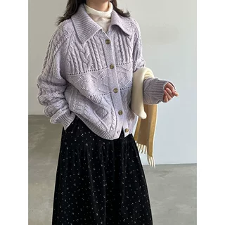 鹿西 韩系复古麻花翻领针织开衫女26秋新宽松百搭毛衣外套ss1133