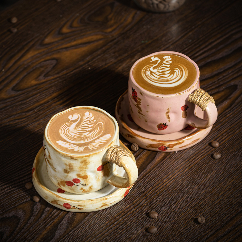 Cross-Border New Product Ceramic Cherry Pattern Coffee Cup and Saucer Set Water Cup High-Value Mug High-End Breakfast Cup