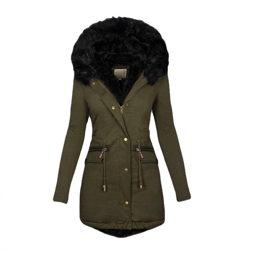 Transfronterizo deseo Amazon ropa de mujer europea y americana de otoño e invierno de color sólido Cuello de piel con capucha de longitud media cálido abrigo de algodón acolchado para las mujeres