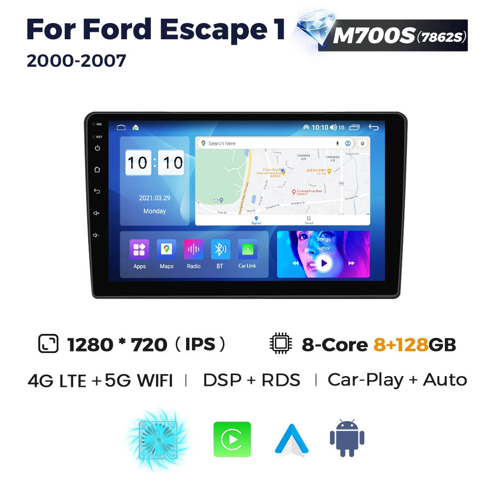 Android-магнитола с большим центральным экраном, Bluetooth и поддержкой CarPlay для Ford Escape 2000-2007