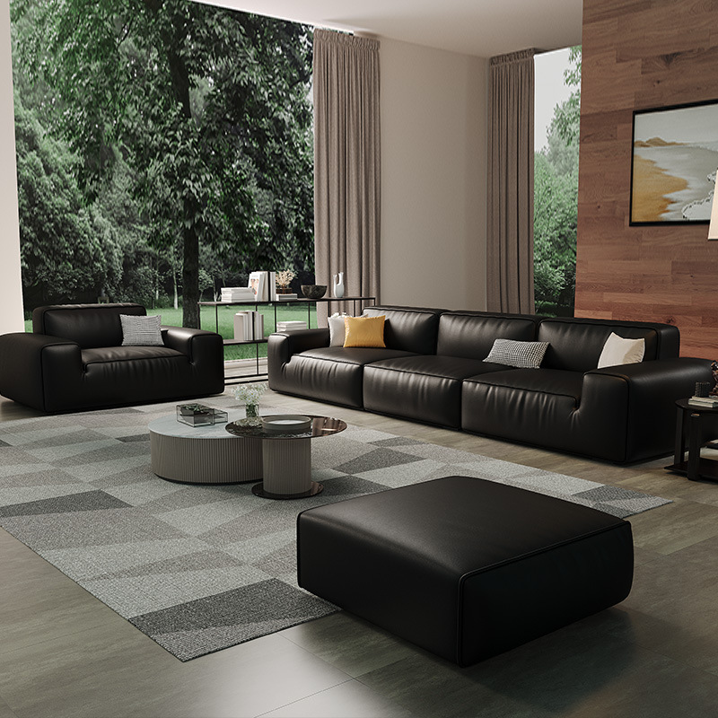 Sofá de cuero de verano italiano gran vaca negra sala de estar apartamento grande y pequeño sofá de cuero completo primera capa de piel de vaca combinación de fila recta