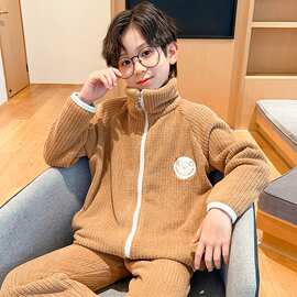 2026新款秋冬儿童法兰绒睡衣加绒加厚款男童中大童家居服套装男孩
