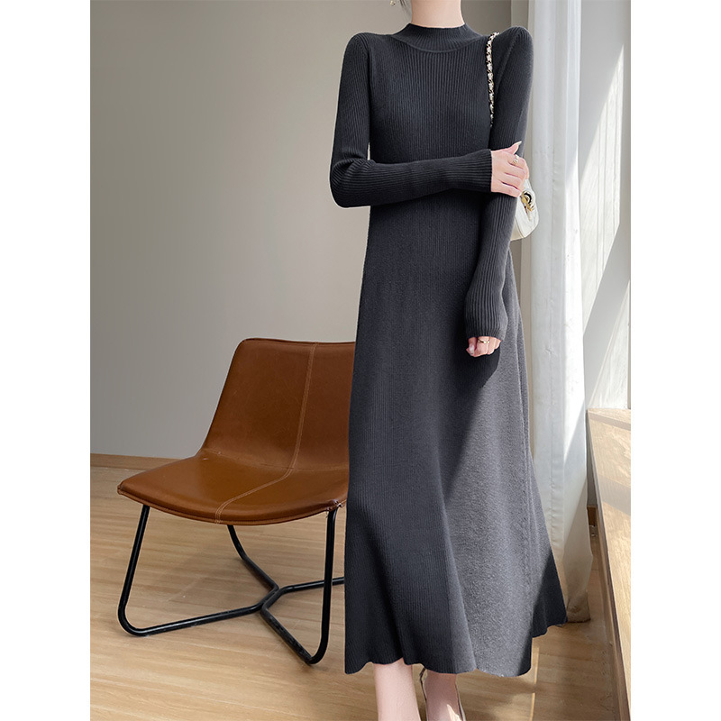 Half-high Collar Super Long dress Coat Inner Base Knitted Mid-length dress Women's Autumn and Winter New Over-the-knee Fur Skirt