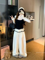 韩系假两件荷叶边撞色长袖上衣波点阔腿裤女2025秋季新款时尚套装