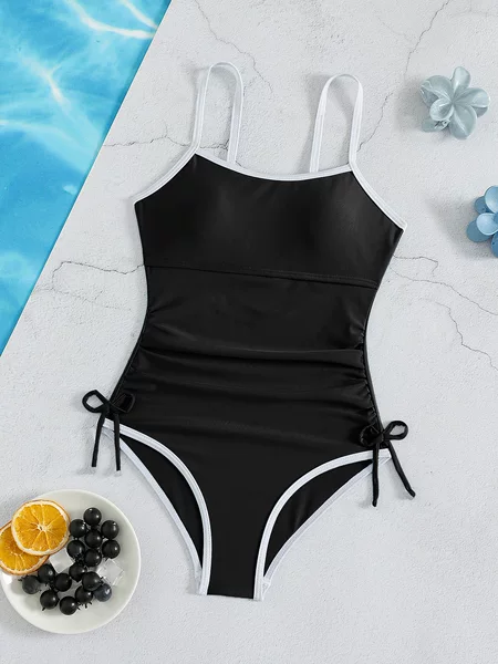 Amazon's Best-Selling Girls' One-Piece Swimsuit in Solid Color with Contrasting Drawstrings, Cross-Border Children's Swimwear