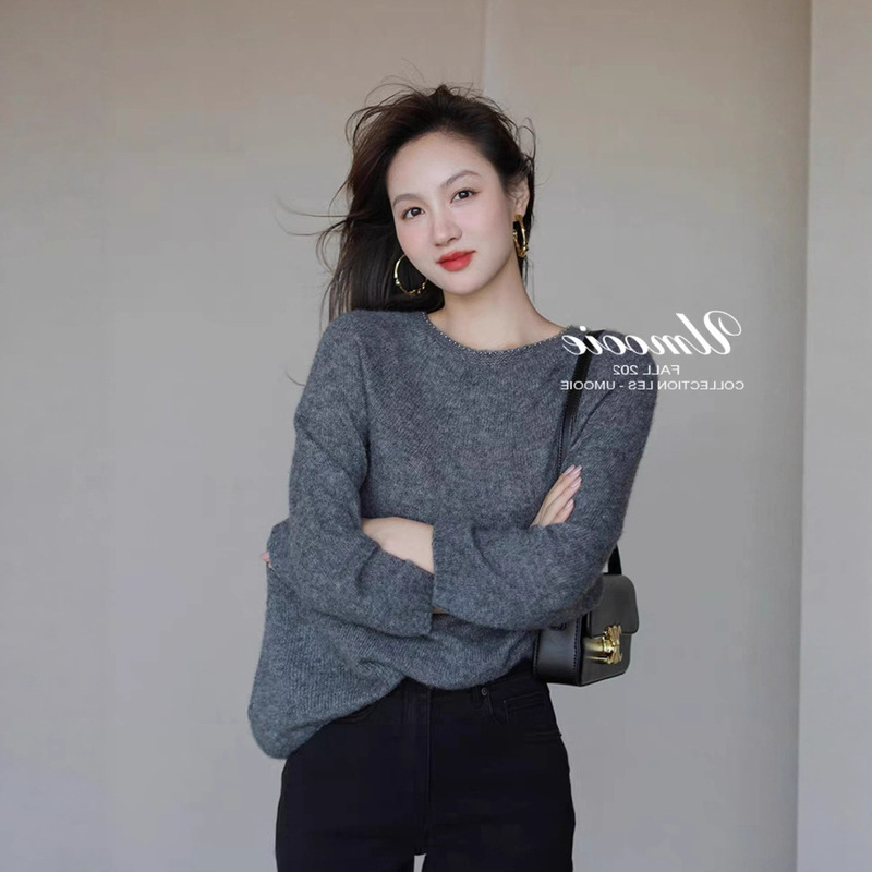 UM秋冬新款女装毛衣纯羊毛慵懒风圆领女上衣纯色宽松长袖针织短款|undefined