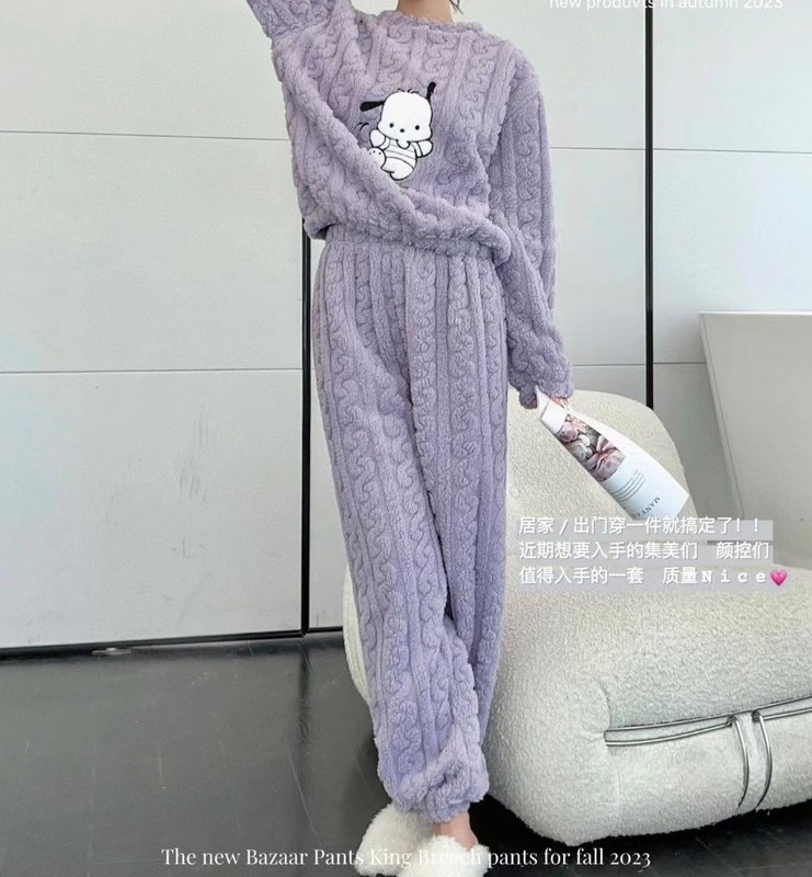 珊瑚绒睡衣女秋冬新款法兰绒可爱时尚长款家居服圆领长袖长裤套装|undefined