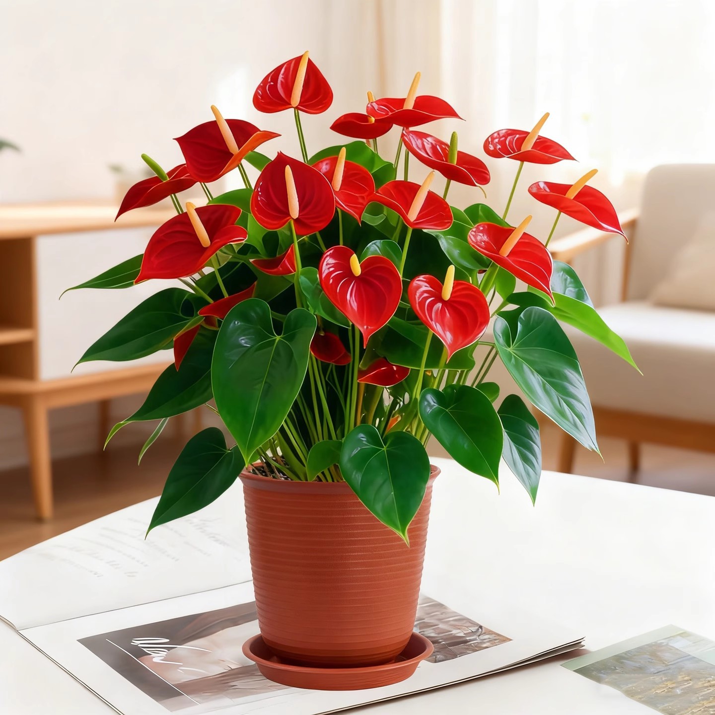 Anthurium potted plant [4-5 flowers] + roman red pot