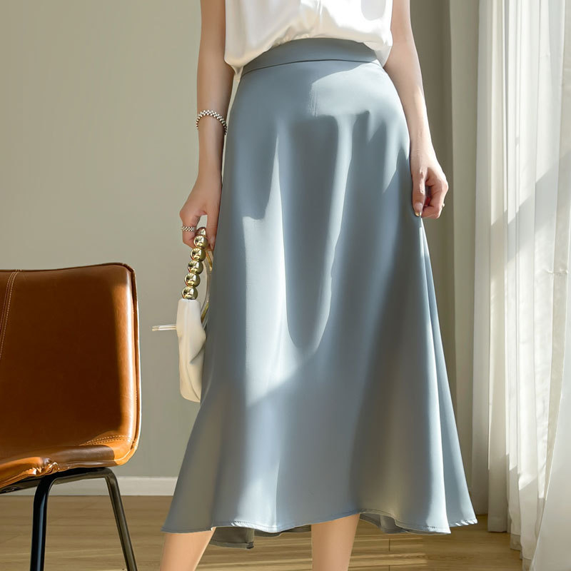 Acetate Satin Silk Midi Skirt for Women, 2024 A-Line Mid-Length Umbrella Skirt, High-Waisted Mulberry Silk Skirt with Large Hem