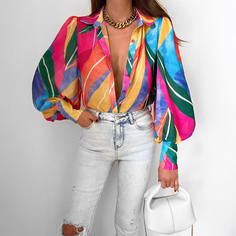 Multicolor Long-Sleeved Printed Shirt for Women Spring Single-Breasted Cardigan European and American Style Casual Bottoming Top New Women's Clothing