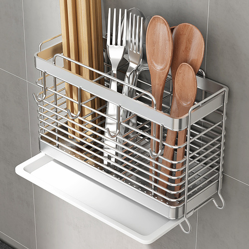Stainless steel kitchen chopstick barrel knife and fork storage box multi-functional drain rack wall-mounted chopstick cage household