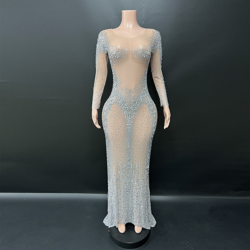 New Fashion Style Bling-Bling Rhinestone Draped Slimming Dress for Runway, Red Carpet, Evening Party, Annual Meeting, and Model Gown
