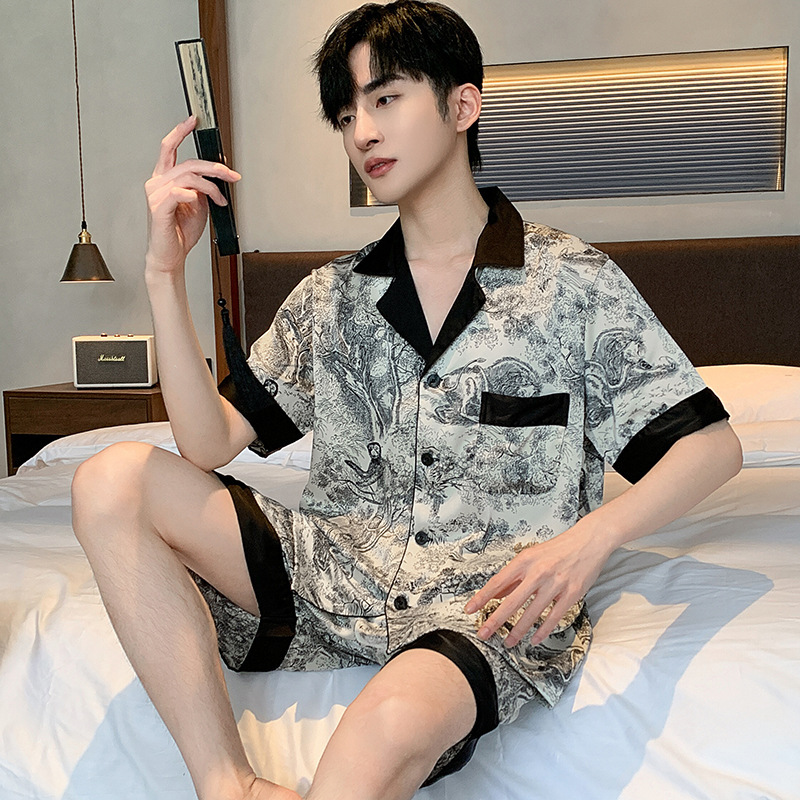 Ink men's pajamas ice silk thin summer short sleeve shorts men's satin national style home clothes summer loose suit